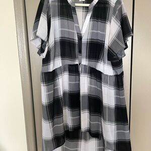 Addition Elle Black and White Plaid High-Low Shirt Dress
